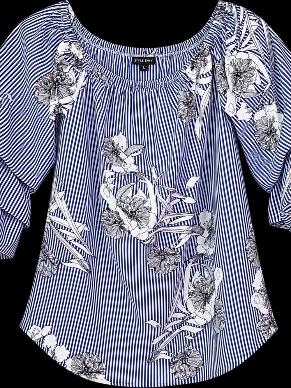 Style Envy Blue & White Striped Floral Off-Shoulder Blouse